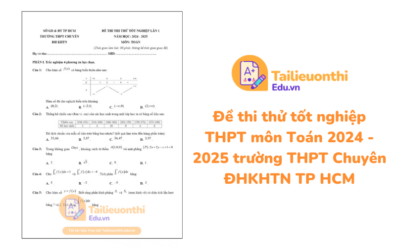 Đề thi thử tốt nghiệp THPT môn Toán 2024 - 2025 trường THPT Chuyên ĐHKHTN TP HCM
